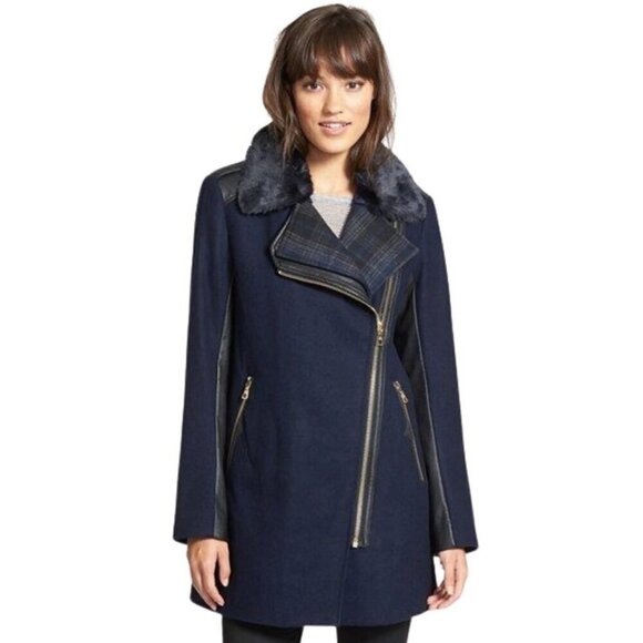 Sam Edelman Ladies Blue & Black Wool Coat with Removable Faux Fur Collar Size Lg - Picture 1 of 10